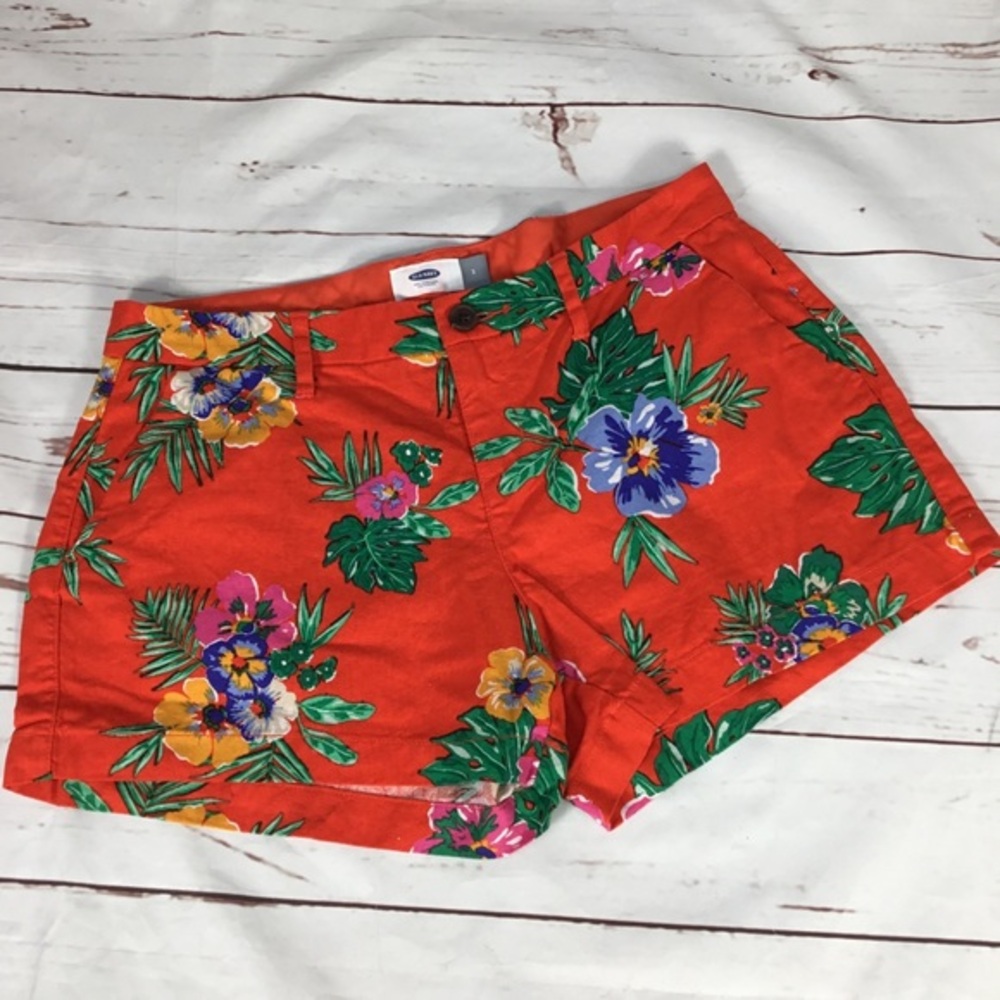 Hawaiian Red Blue Floral Linen Blend Shorts Size‎ 2